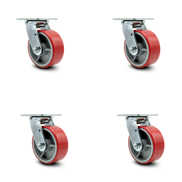Service Caster 5 Inch Red Poly on Cast Iron Caster Set with Ball Bearing and Swivel Lock SCC SCC-30CS520-PUB-RS-BSL-4
